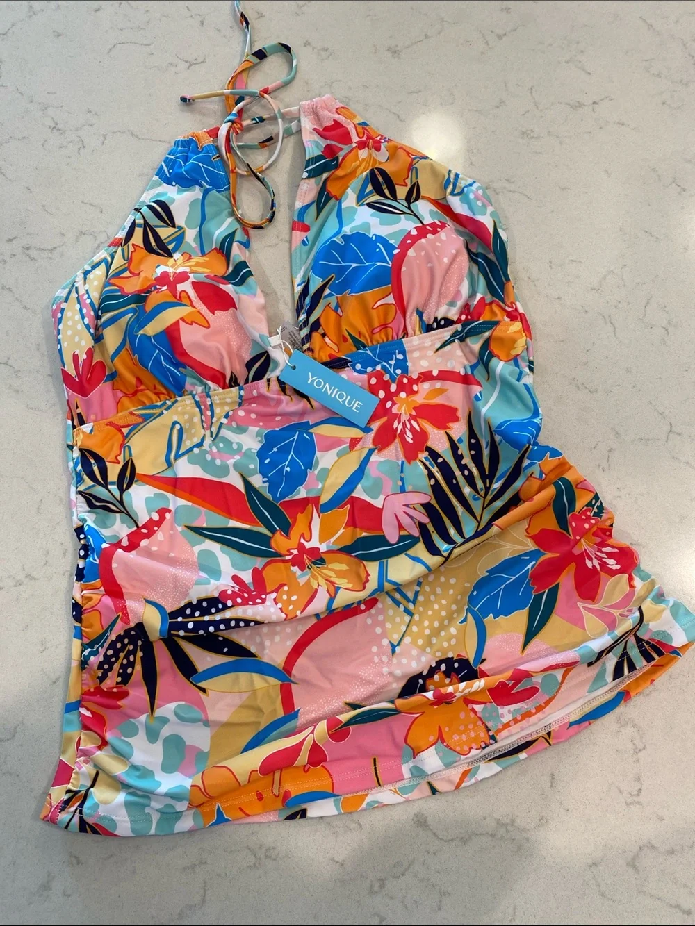 Yonique Multicolor Floral Halter Tankini Top